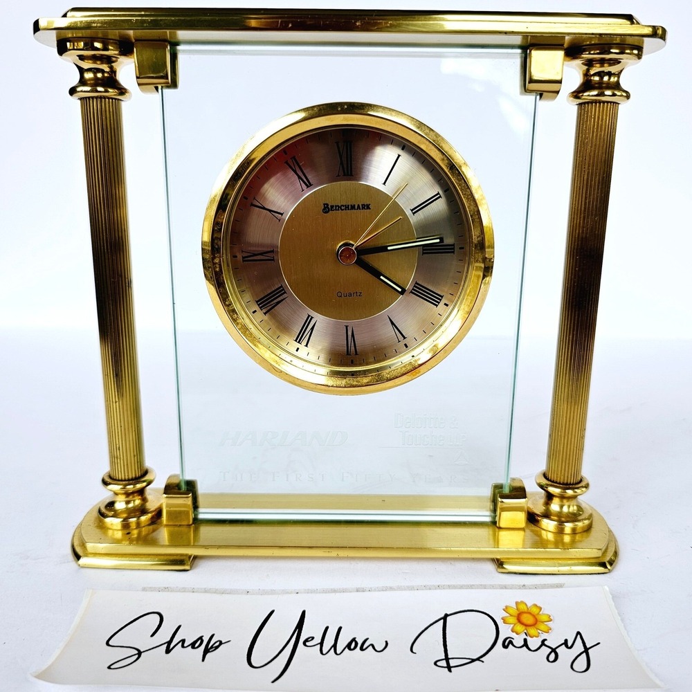 Vintage Benchmark Quartz Desk Clock Gold Tone Glass Harland Deloitte Fifty Years